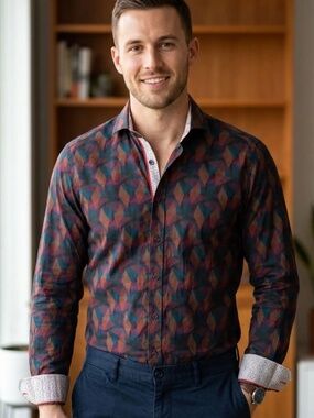 Men’s Retro 90s Geometric Artsy Print Button Down Flip Cuff Shirt SZ M